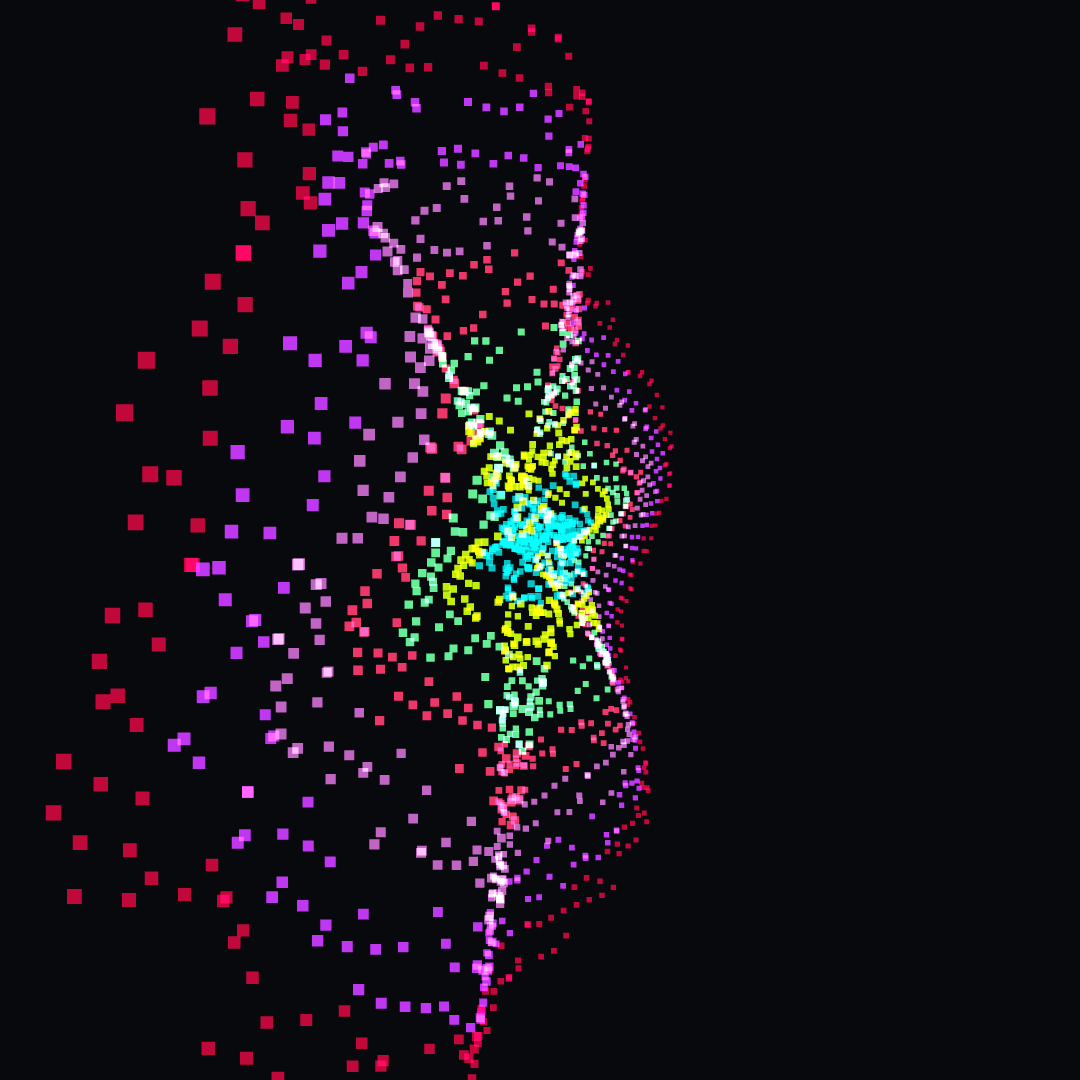 Original Colorsphere encoding Rhizome: colorful square particles on a black background.